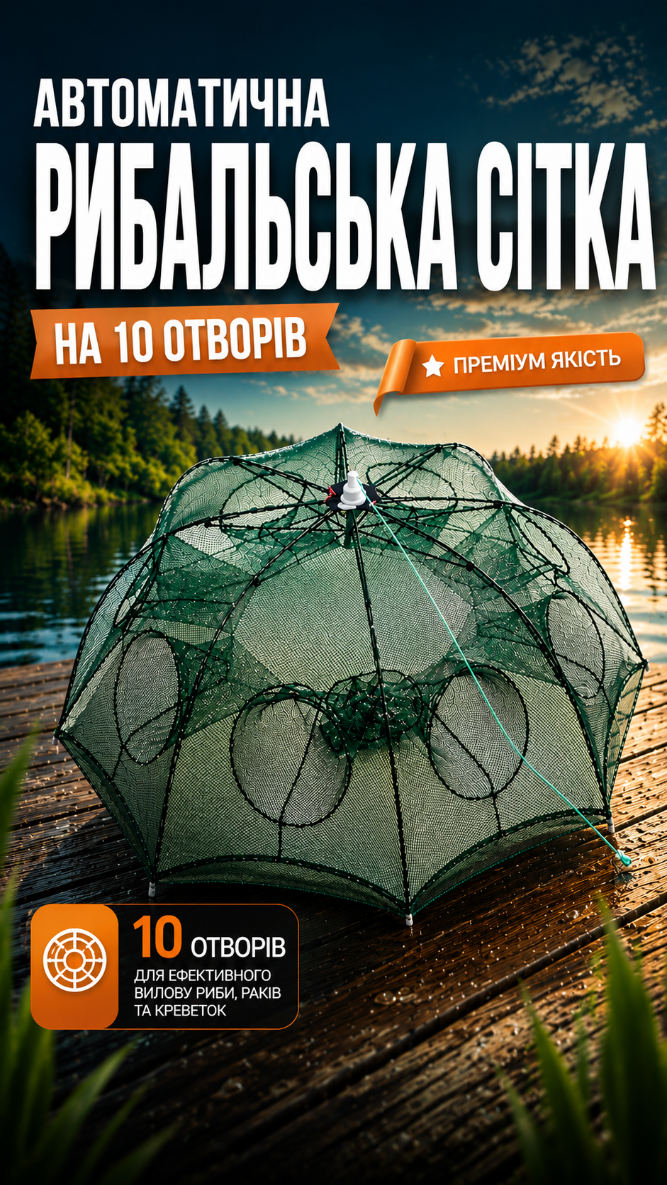 Автоматична рибальська сітка на 10 отворів